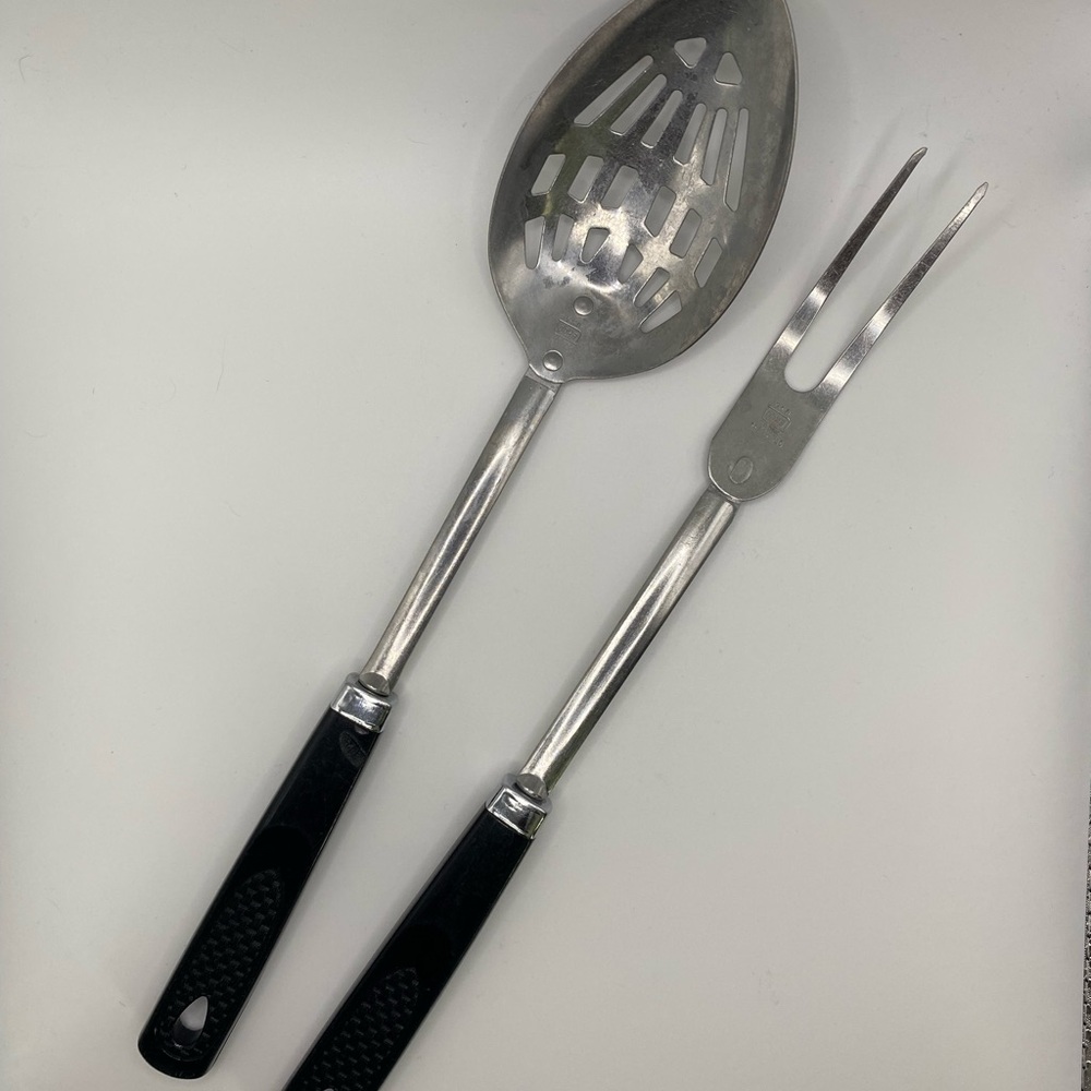 Vintage Ecko Stainless Steel Slotted Spoon & Meat Fork Mid Century Utensils 12”